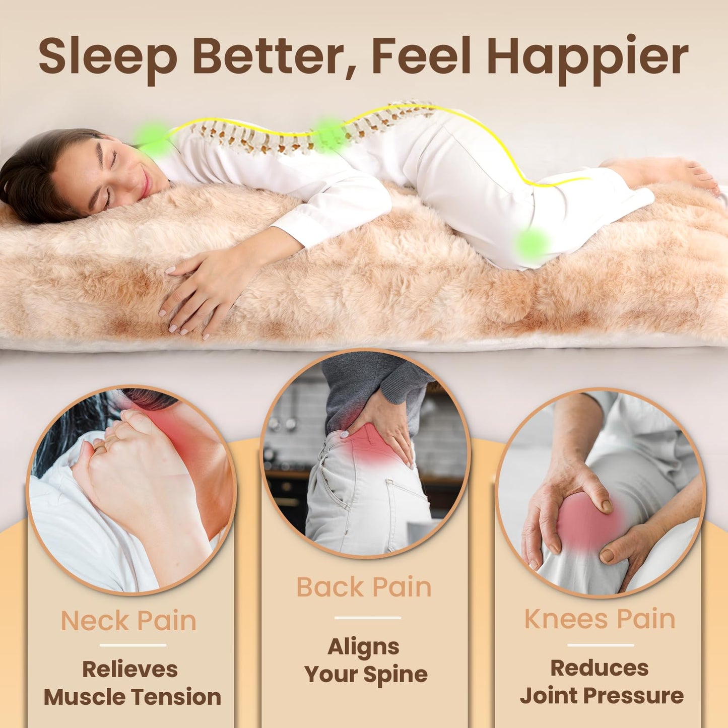 ZonLi Fluffy Body Pillow for Adults, Fuzzy Faux Fur Long Pillow with Shredded Memory Foam, Adjustable Support for Side Sleepers, Gifts, 20 x 54 Inch, Light Tan