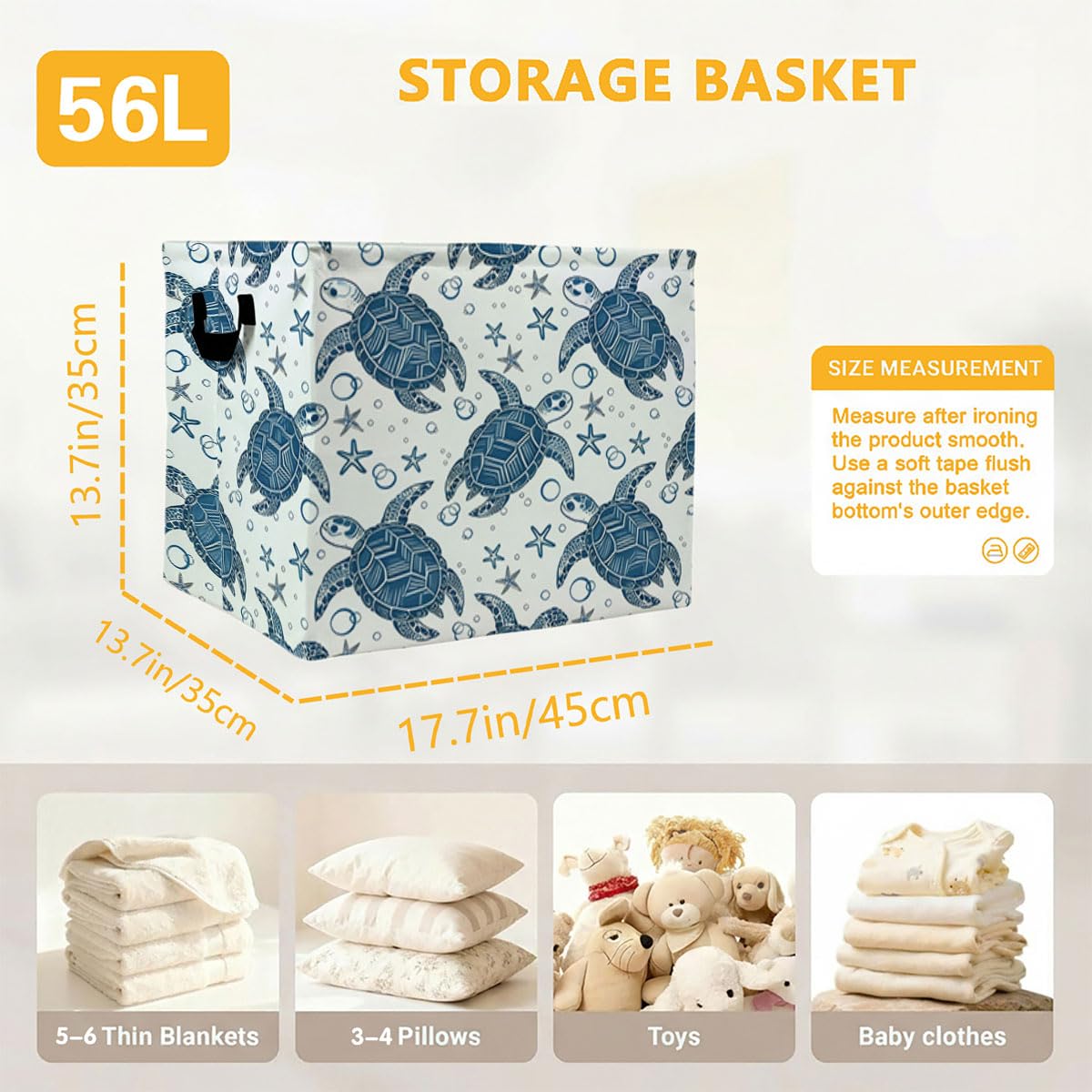 56L Sea Turtle Foldable Square Laundry Hamper with Handles – Large Clothes, Blanket & Toy Storage Basket for Home Organization.