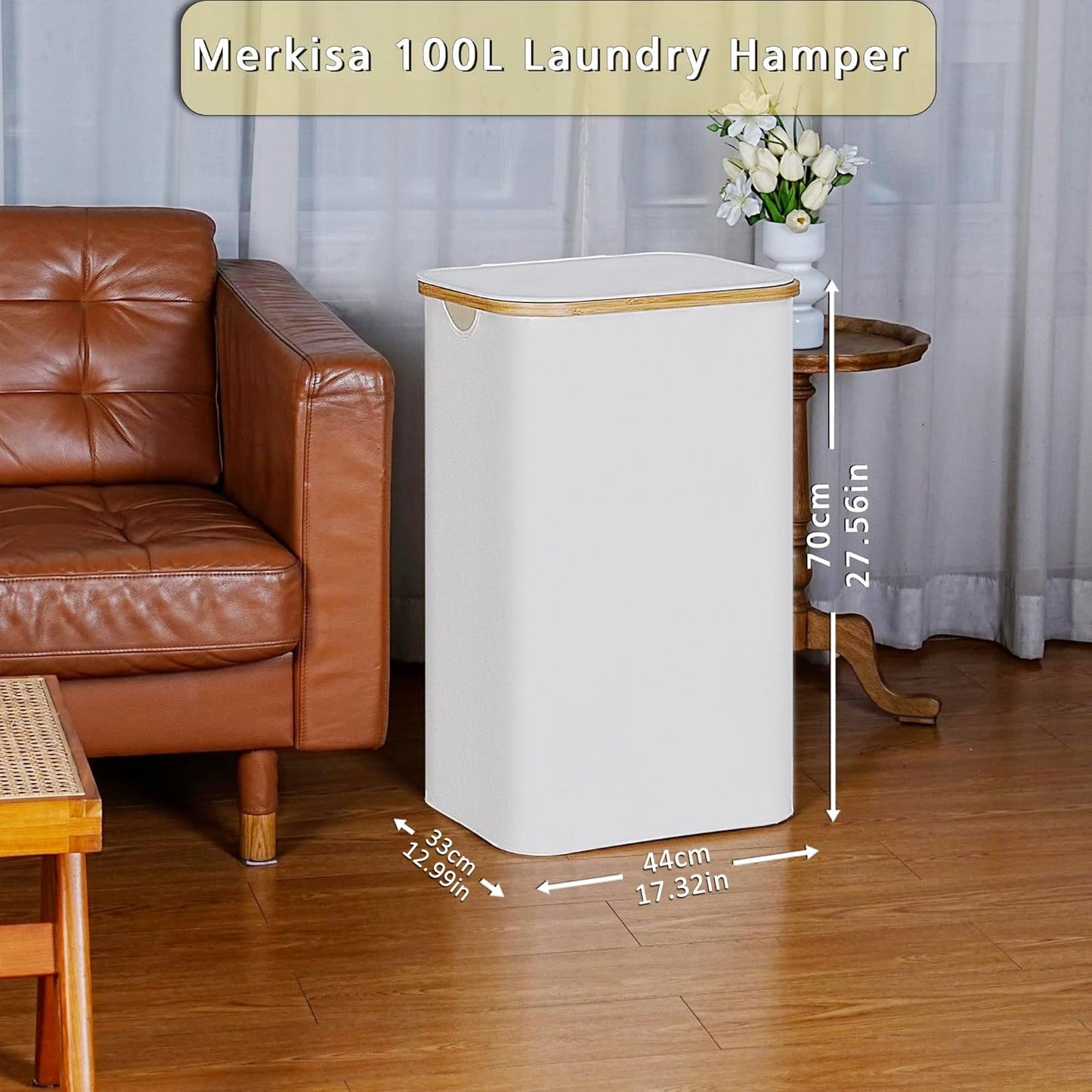 Merkisa 100L Laundry Hamper with Lid, Lagre Basket with Bamboo Handles,Foldable Clothes Hamper Tall Dirty Laundry Basket for Clothes Toys Towels Organizing,Beige