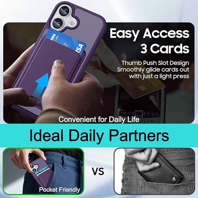 Ntwinro Magnetic for iPhone 16 Plus Case (Compatible with MagSafe) with Detachable Wallet & Card Holder for 3 Cards [RFID Blocking] Military Grade Protective Slim Phone Cover, Purple