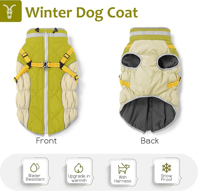 Abuandi Dog Winter Coat with Harness, Dog Jacket, Pet Clothes with Zipper on Back, Waterproof Windproof Warm Vest, Reflective Cold Weather Coats, for Small Medium Large Dogs, Thick, Green, 2XL