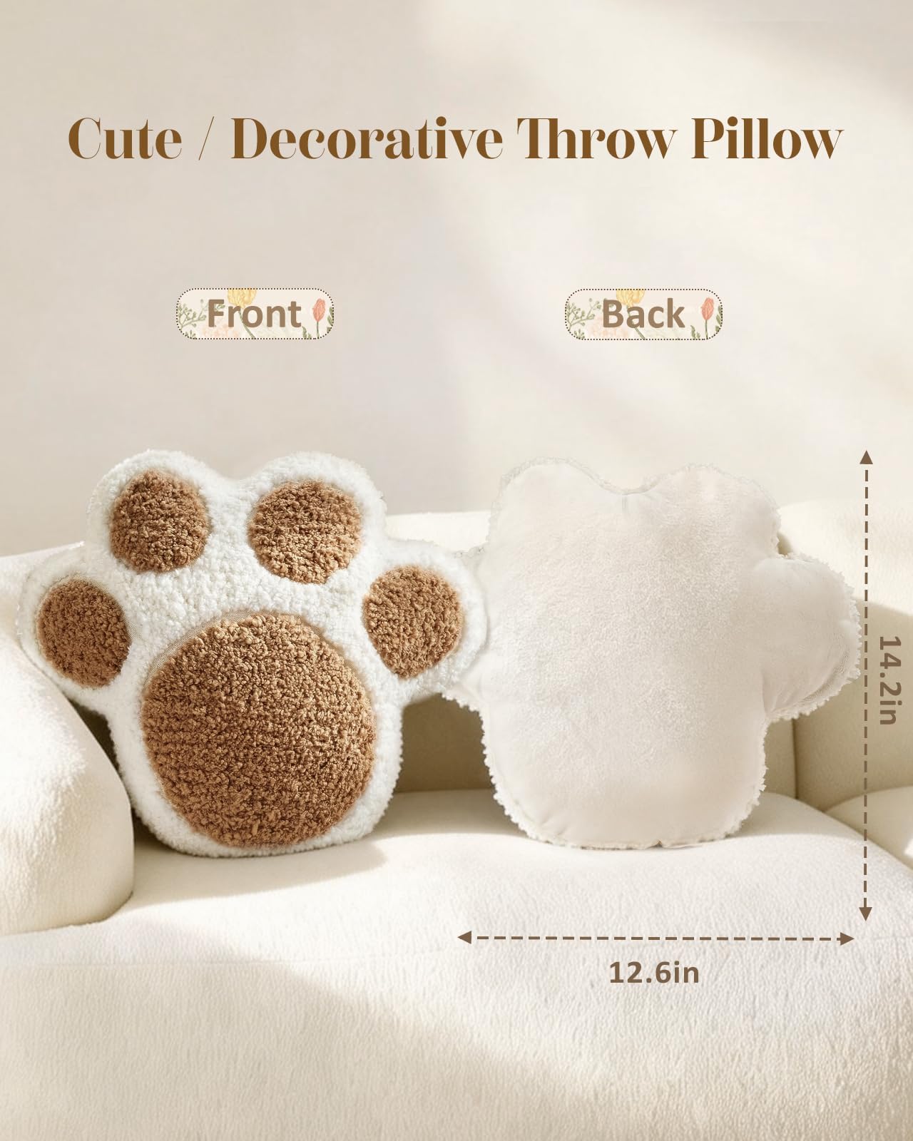 Kokaaee Paw Shaped Throw Pillow - Cute Decorative Plush Brown Animal Pillow for Couch, Sofa, or Living Room, 14.2" x 12.6" Soft Stuffed Dog Paw Cushion for Home Decor