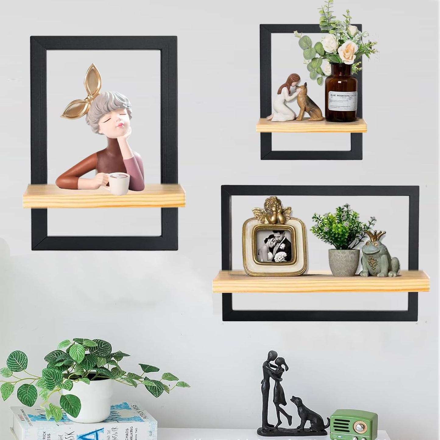Silvotek Set of 3 Wooden Floating Shelves for Wall - Solid Wood Kitchen Shelf Decor Floating Wall Shelves for Living Room, Metal Frame Hanging Shelves