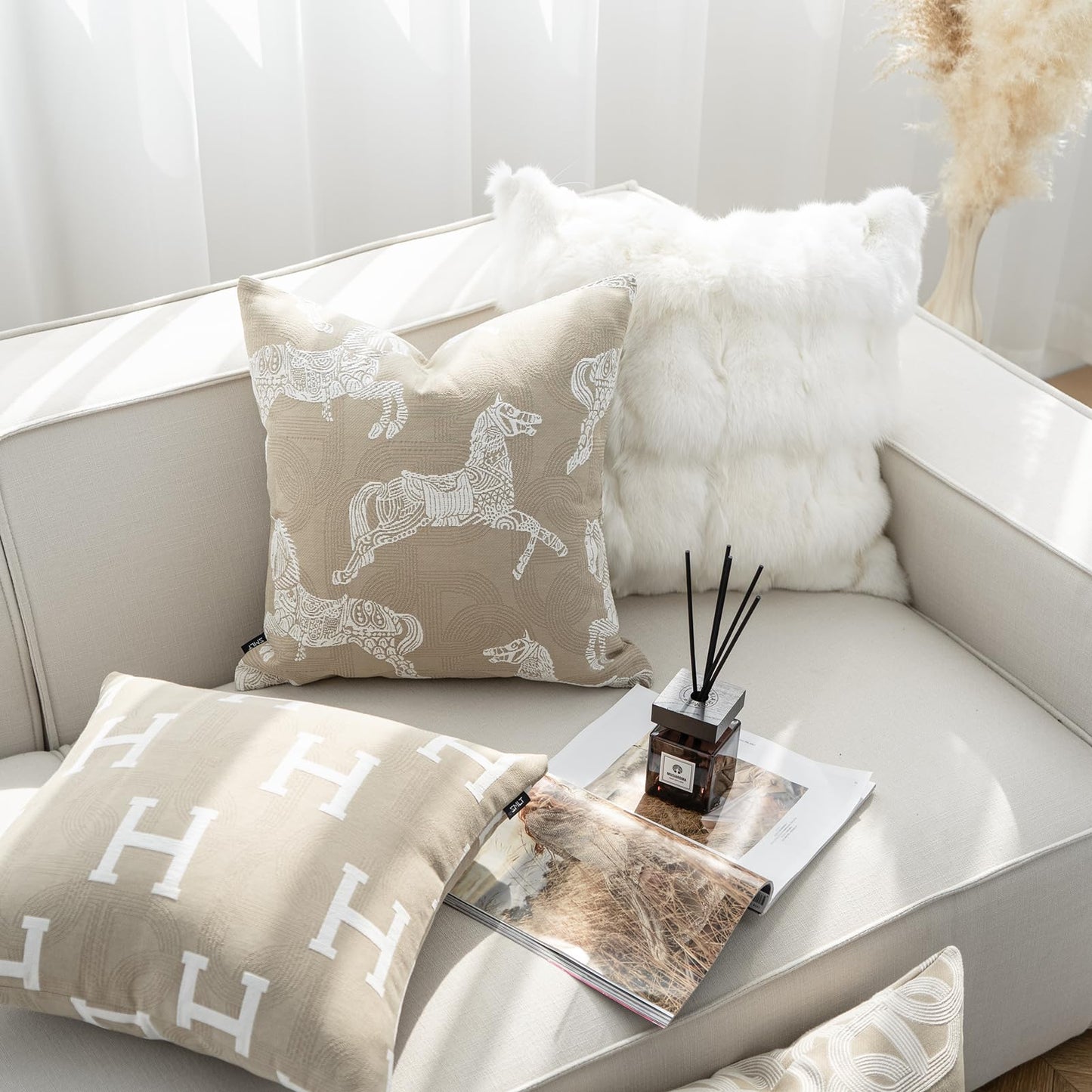 Croker Horse 20x20'' Inches Throw Pillow Cushion Cover - Beige Royal Horse Pattern Chenille Embroidery Jacquard Luxury Modern Fashion Style Couch Sofa Pillow Covers for Bedroom Living Room