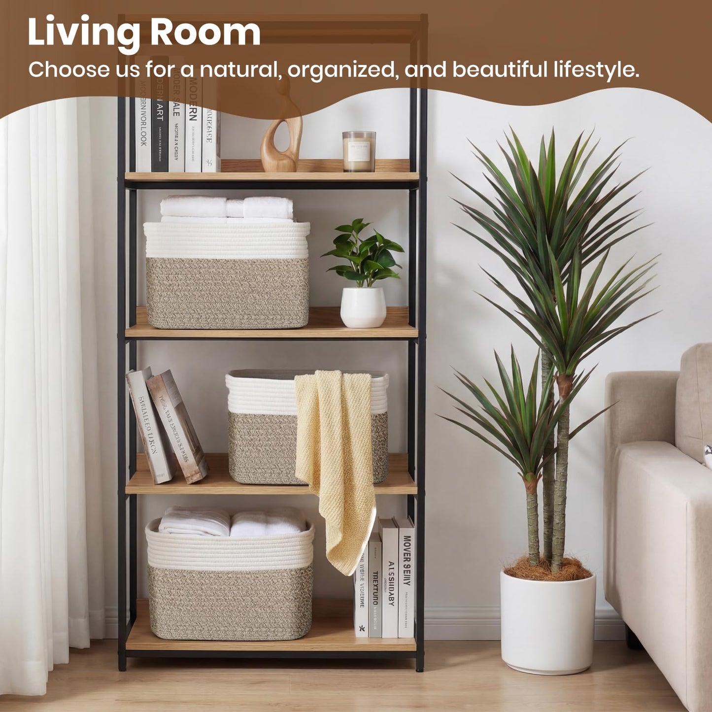 Storage Baskets for Organizing, 14 x 10 x 9” Closet Shelf Woven Baskets, Square Bins with Handles, Cotton Rope Basket for Clothes, Office, Room, White+Rice Brown 3 Pack