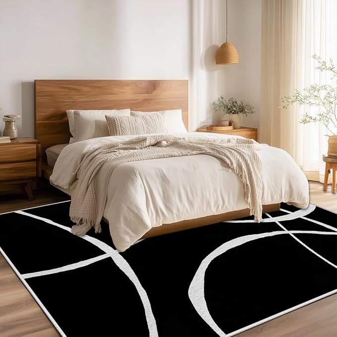 Black and White Rugs, Abstract Rug, Modern Minimalist Rug, Curved Line Design Carpet, Black and White Abstract Rugs Washable Non Slip Home Decor 7x10