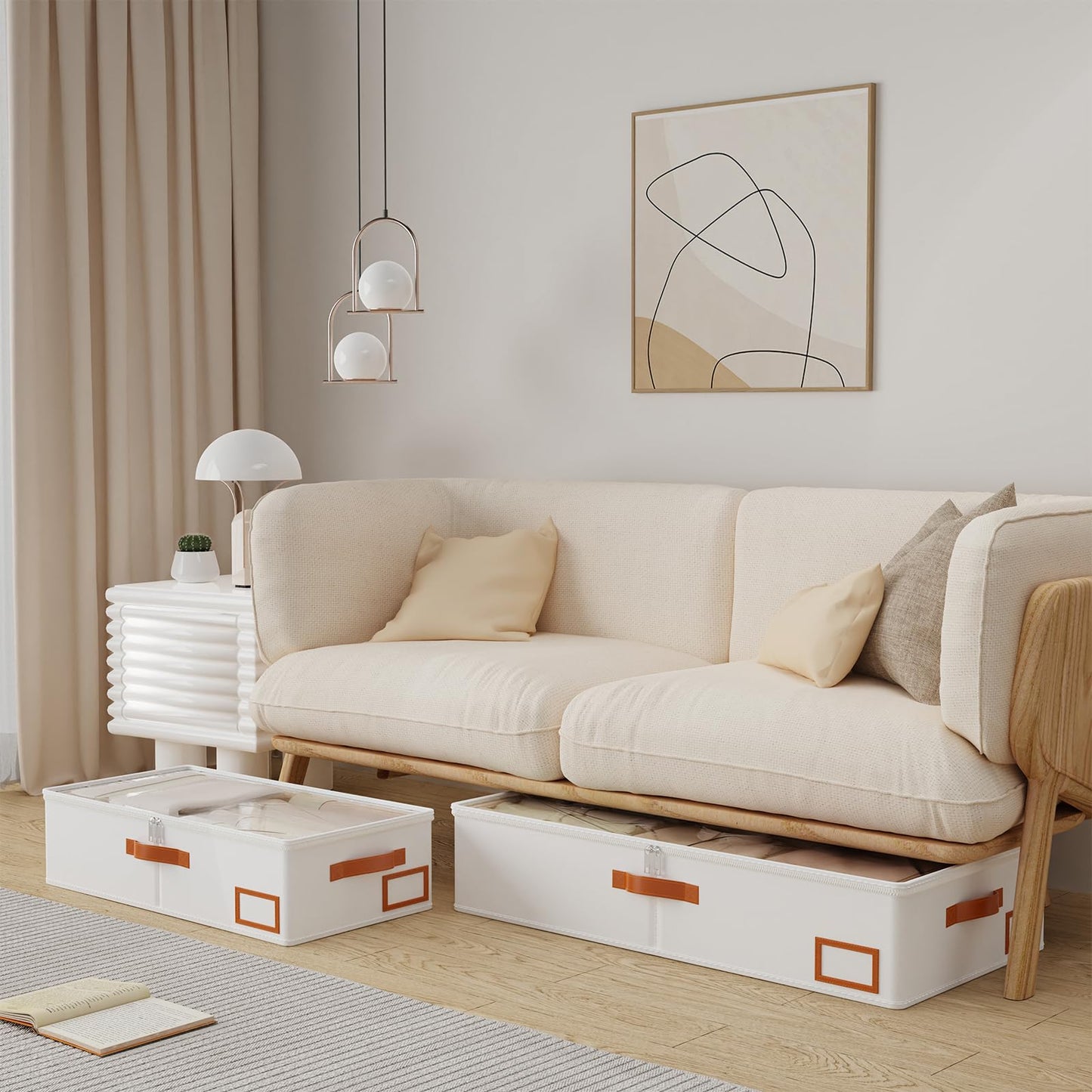 Yawinhe Under Bed Storage Containers, 4 Pack, Bin with Lids, Collapsible Closet Organizers, with Sorting Card Slot and 4 Leather Handles, for Blanket, Bedding, 31.5''Lx15.7''Wx6''H, Beige