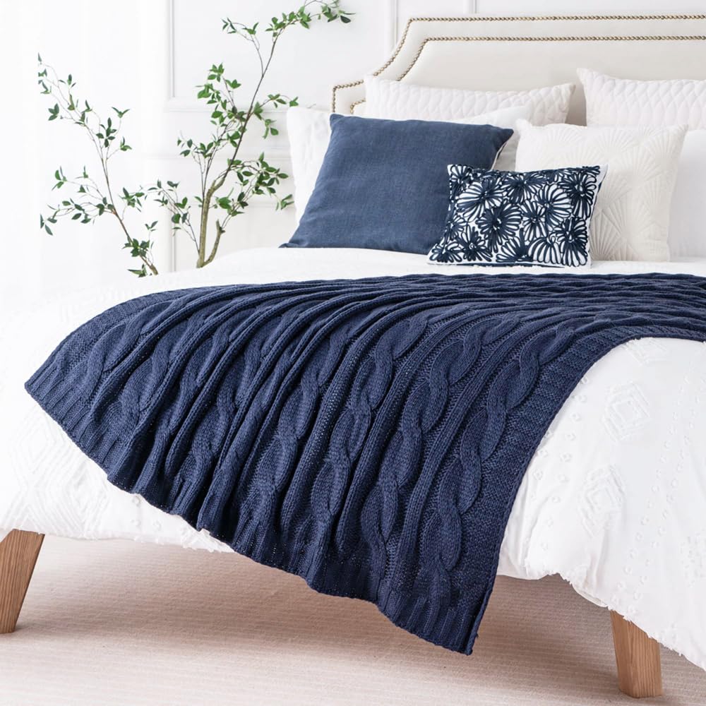 Battilo Navy Cable Knit Throw Blankets for Couch, Super Soft Warm Cozy Decorative Knitted Throw Blanket for Bed, Sofa, Chair 50"x60"