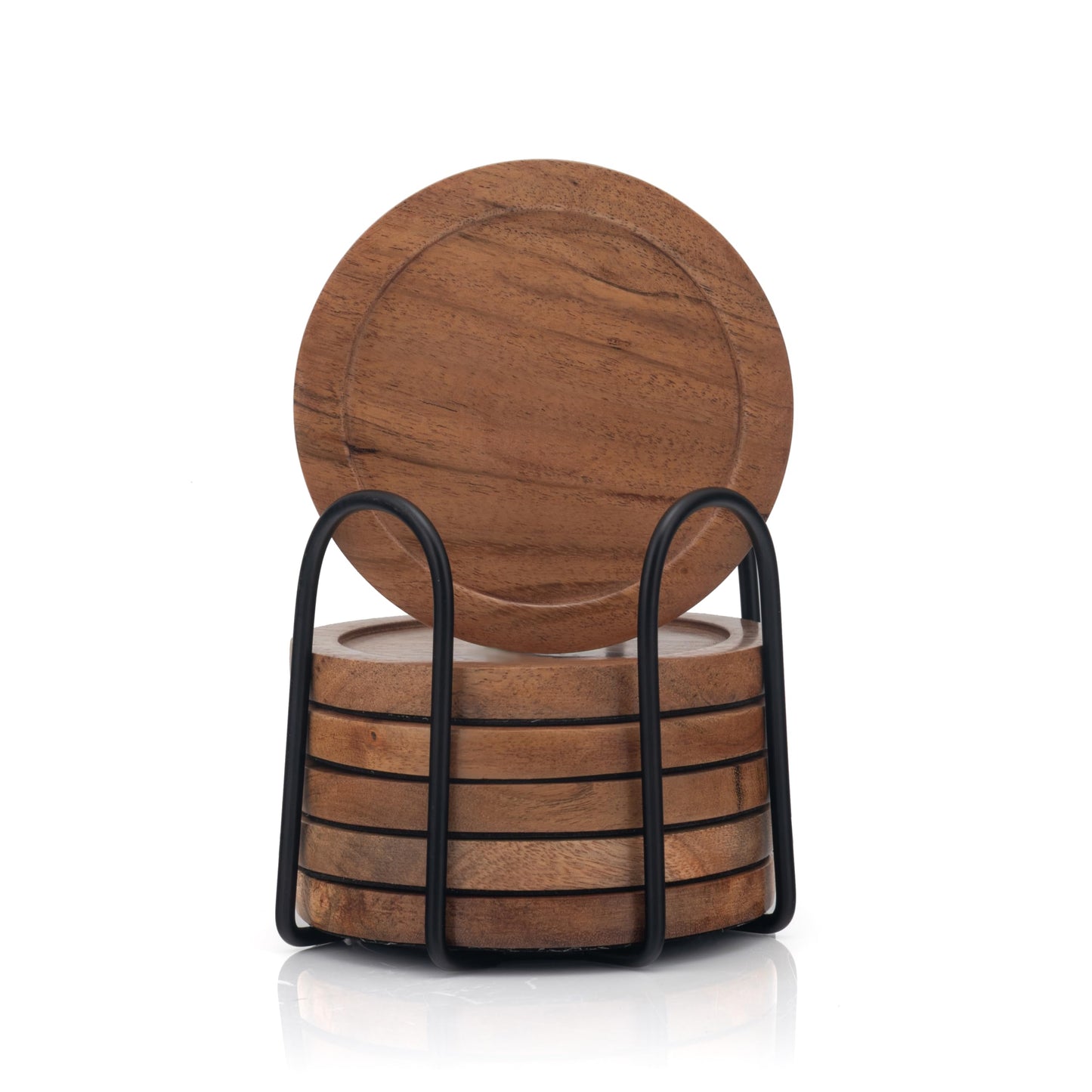Acacia Wood Round Coasters Set of 6 with Holder – Absorbent Drink Coasters for Coffee & Dining Tables, Farmhouse Home Decor Bar Accessories, Housewarming Gift