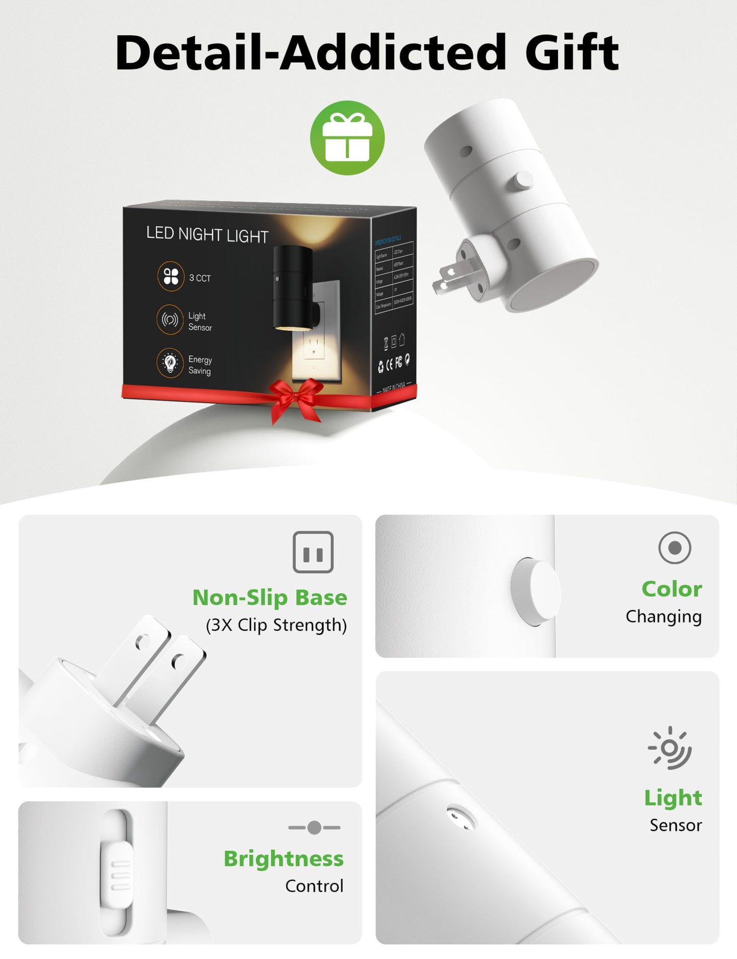 JOFIOS Night Lights Plug Into Wall,Dimmable LED Nightlight with Dusk to Dawn Light Sensor,0-100LM Adjustable Brightness,3 Color Temperatures,Night Light for Hallway Bathroom Stair Bedroom,White,2 Pack