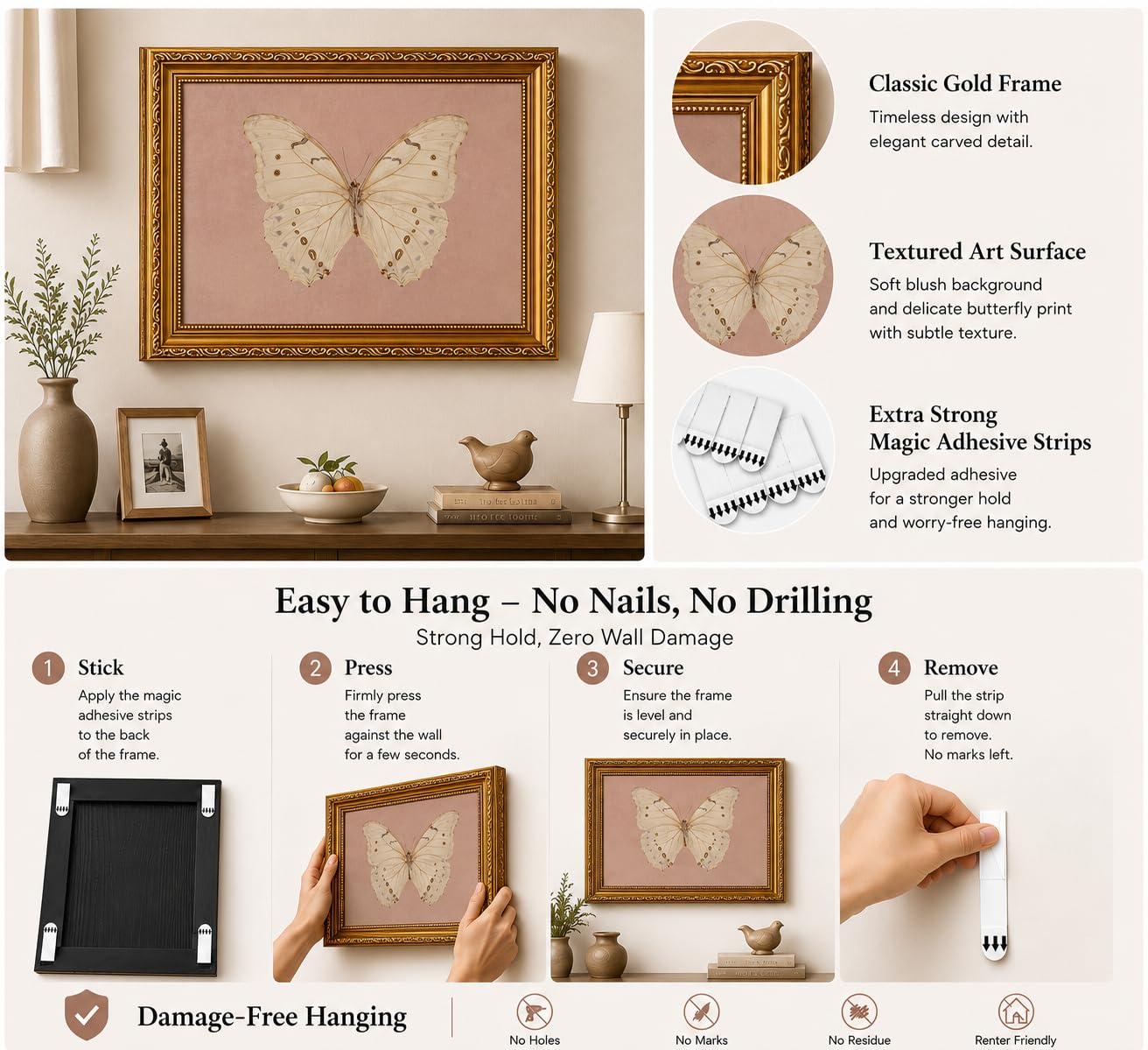 FKRYTYB Elegant Gold Framed Pink Moody Butterfly Wall Art 9x11in