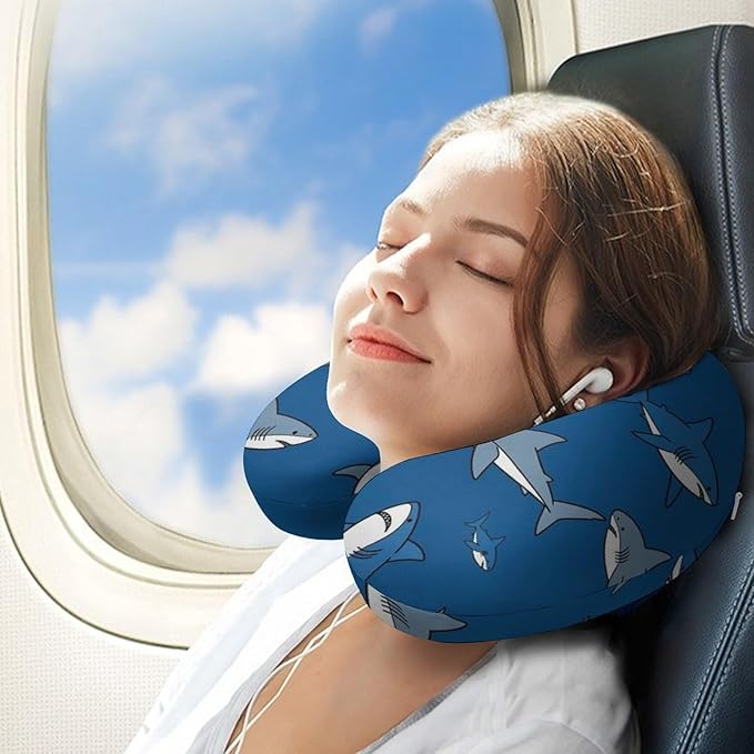 Soft Memory Foam Travel Pillow Chin Support Navy Blue Cartoon Sharks Print, Removable Washable Cover for Airplane Car Home Office Nap