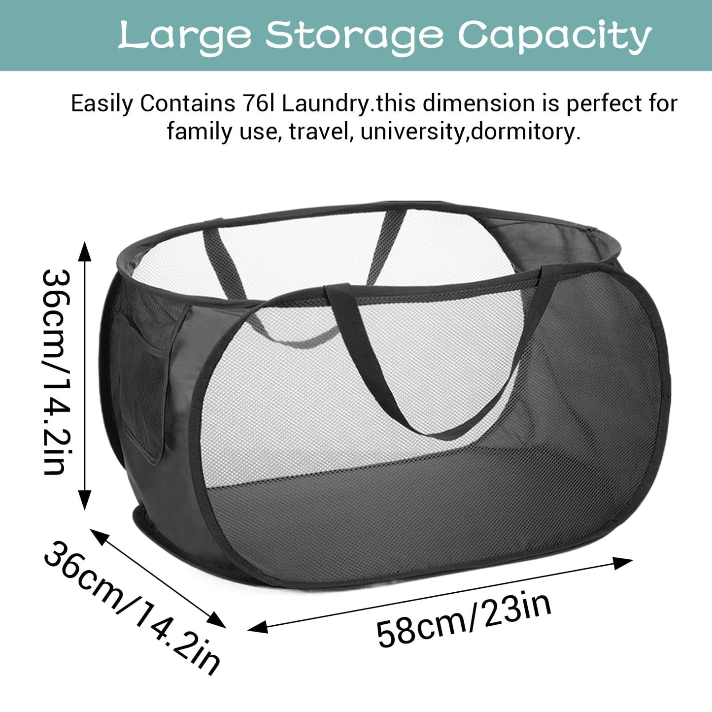 HJZHII 4 Pcs Popup Mesh Laundry Basket, Laundry Hamper with Side Pocket Foldable Storage Basket with Durable Handles for Bathroom Travel Dorm