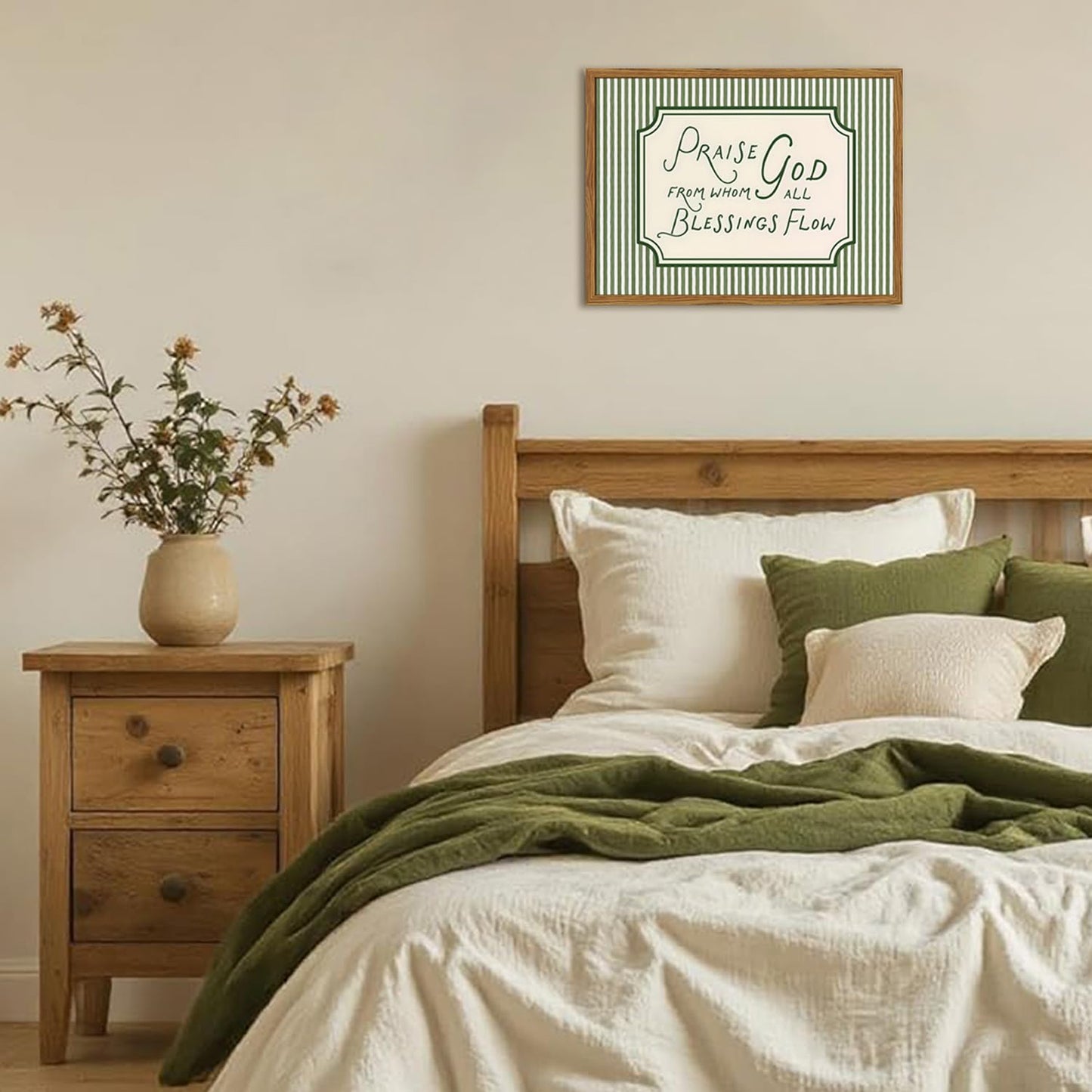 Framed Christian Scripture Wall Art, Bible Verse Pictures Wall Decor, Sage Green Striped Praise God From Whom All Blessings Flow Paintings Canvas Prints Religious Home Decor for Living Room 12x16 inch