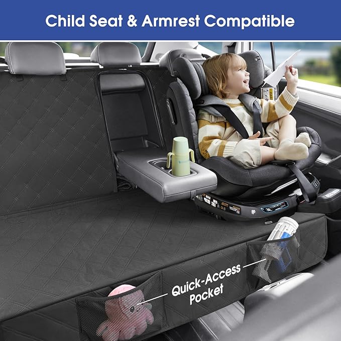 Upgraded 900D Heavy Duty Dog Back Bench Seat Cover, Car Seat Protector, 3 Seatbelts & Armrest Compatible, Waterproof Nonslip Pet Backseat Cover for Dogs & Kids, Fits Large SUVs & Trucks