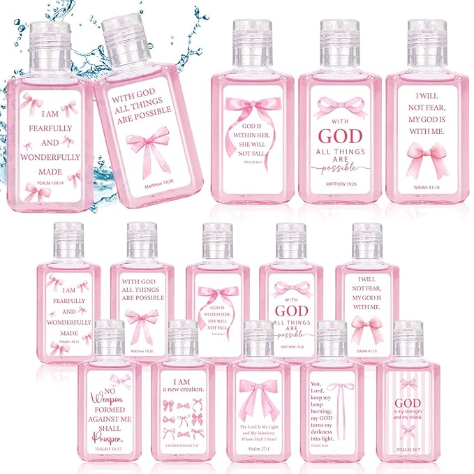 50 Pcs Christian Mini Hand Sanitizer Bulk Coquette Pink Bible Verse Hand Sanitizer Pink Bow Religious Inspirational Favors 1fl oz Travel Size Hand Soap Gift for Christmas Christian Party Supplies