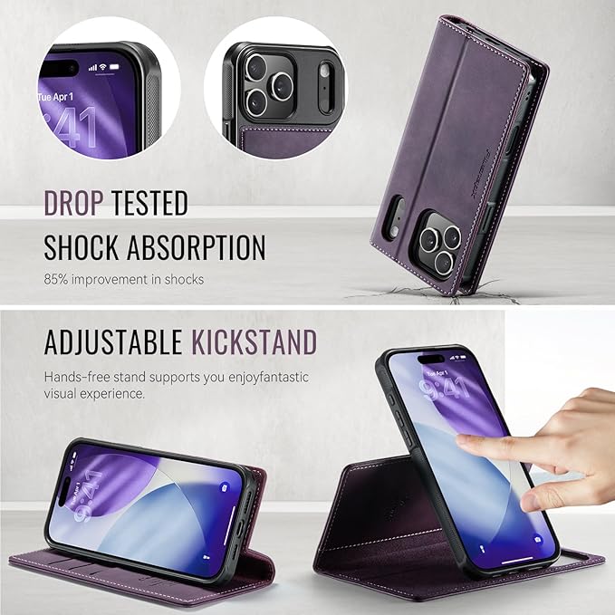 PlusnapX Wallet Case for iPhone 17 Pro Compatible with Magsafe, 2-in-1 PU Leather Flip RFID Blocking Card Holder Stand Shockproof Magnetic Detachable Cover for iPhone 17 Pro Case 6.3", Retro Purple