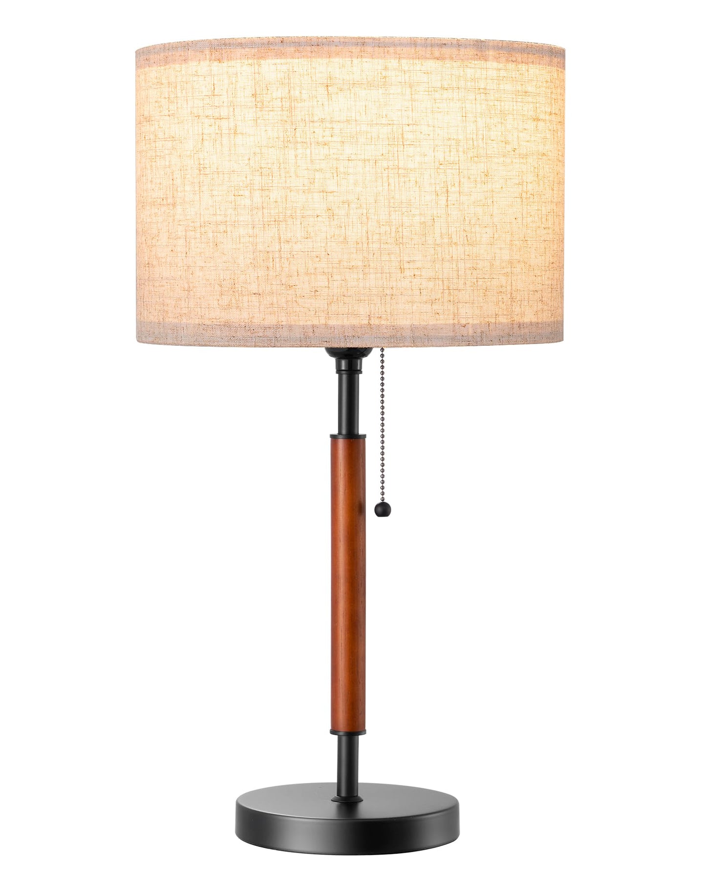 EDISHINE Mid Century Table Lamp, Pull Chain Switch Bedside Lamp with Linen Shade, Solid Wood Pole & Black Metal Base, Modern Nightstand Lamp for Bedroom, Living Room, Office, E26 Base