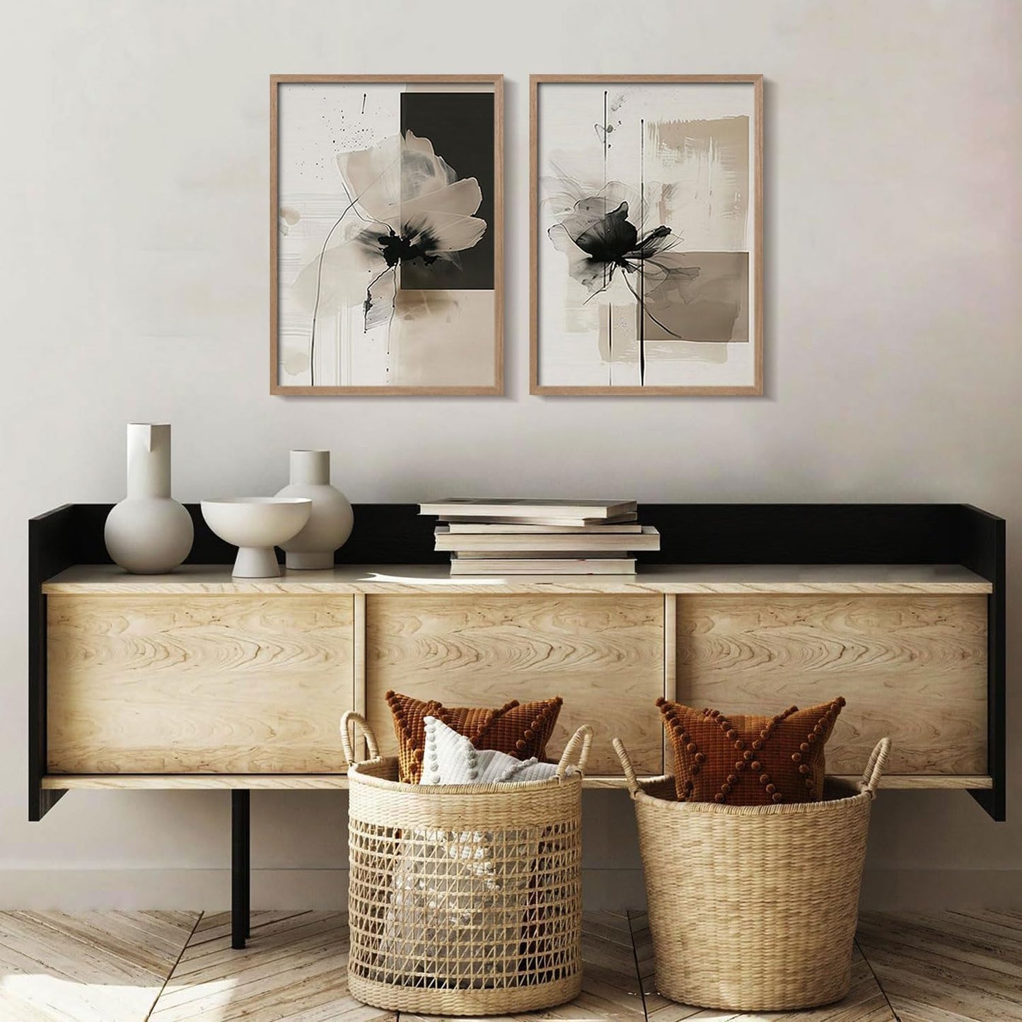2Pcs Framed Black and White Flower Abstract Wall Art Modern Neutral Canvas Prints Posters Pictures Gallery Wall Decor Living Room Bedroom Office Apartment 16X24 Inch Ready to Hang