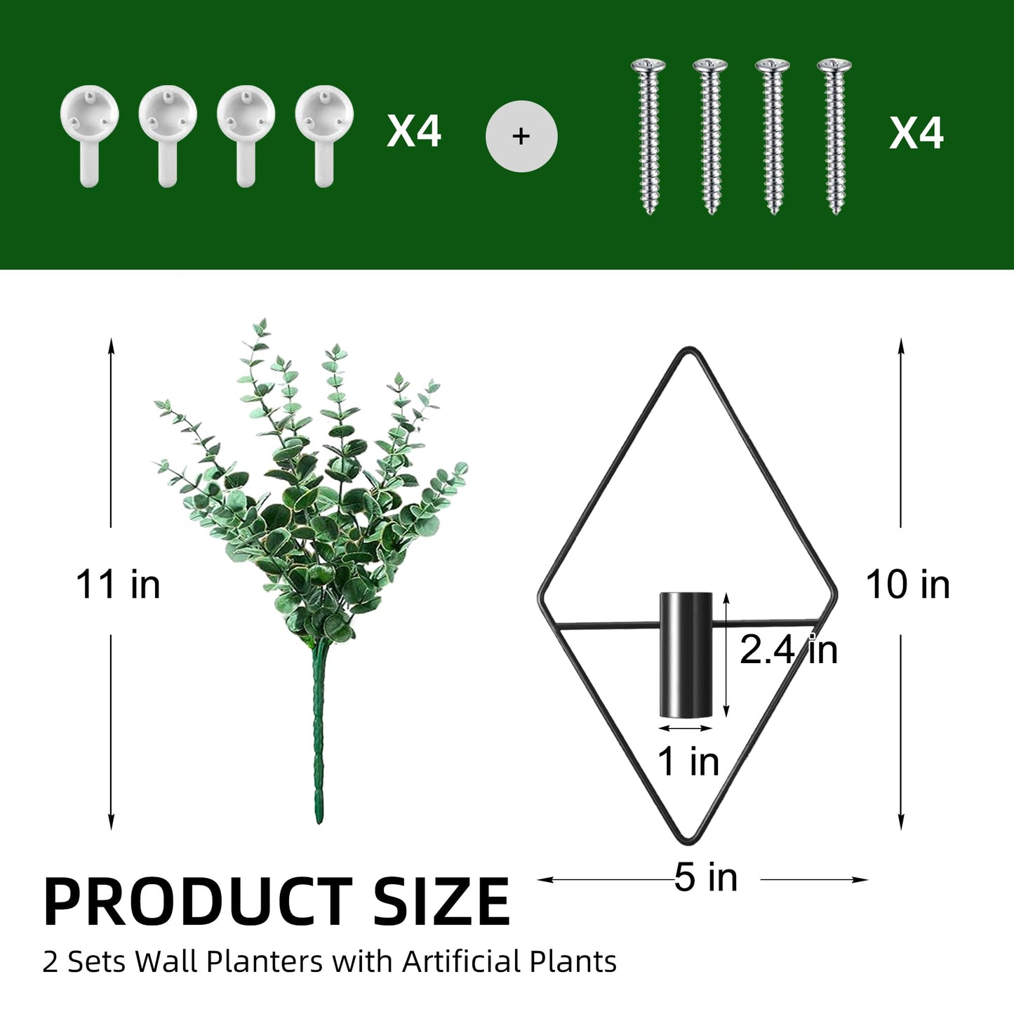 LZRHORR 2 Pack Black Wall Decor Hanging Planters with Artificial Plants Metal Hanging Vase Indoor Plants Holder Modern Boho Wall Art for Bathroom Bedroom Living Room Office (Black, Eucalyptus)