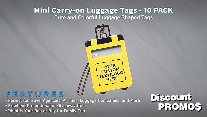 10 Mini Carry-on Luggage Tags Pack - Customizable Text, Logo - Flip Open Cover, ID Sticker - Yellow