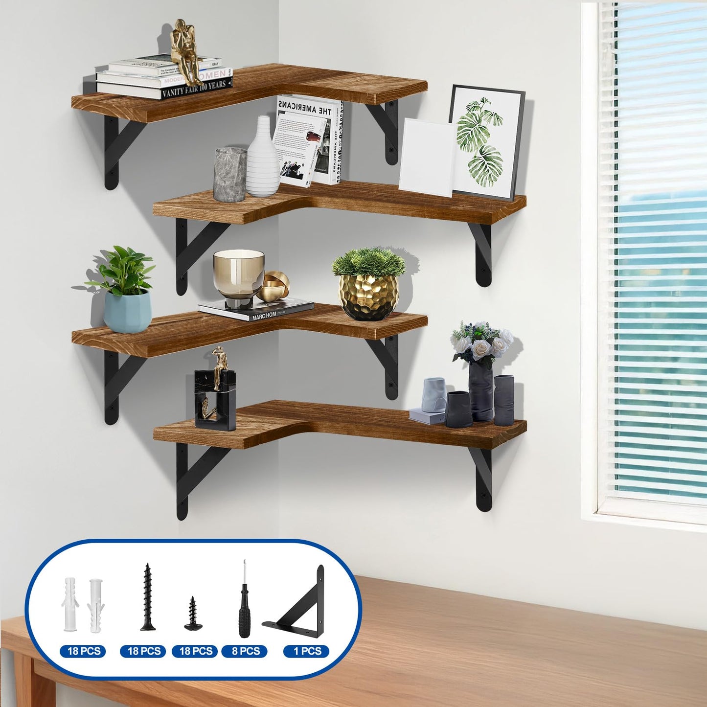 Jeffbaubl 4Pcs Corner Floating Shelves, L-Shaped Wall Mounted Shelf, Wall Mounted Wood Shelves for Storage and Decor, Rustic Wood Corner Shelf for Kitchen Living Room Bedroom, Light Brown