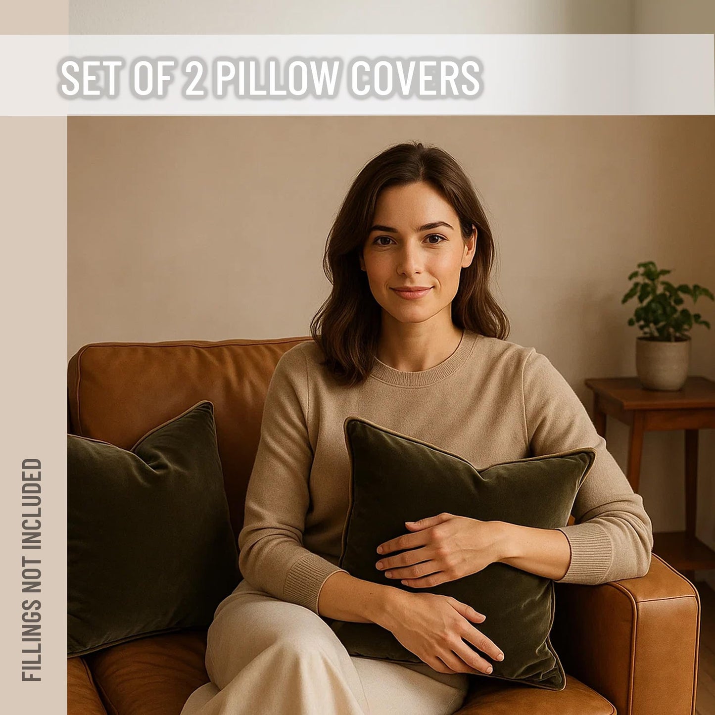 Blau Marité 2 Pack Polyester Decorative Throw Pillow Covers, 20"x20", Green and Camel, Solid, Modern, Contrast Piping, Indoor Use, Bedroom & Living Room
