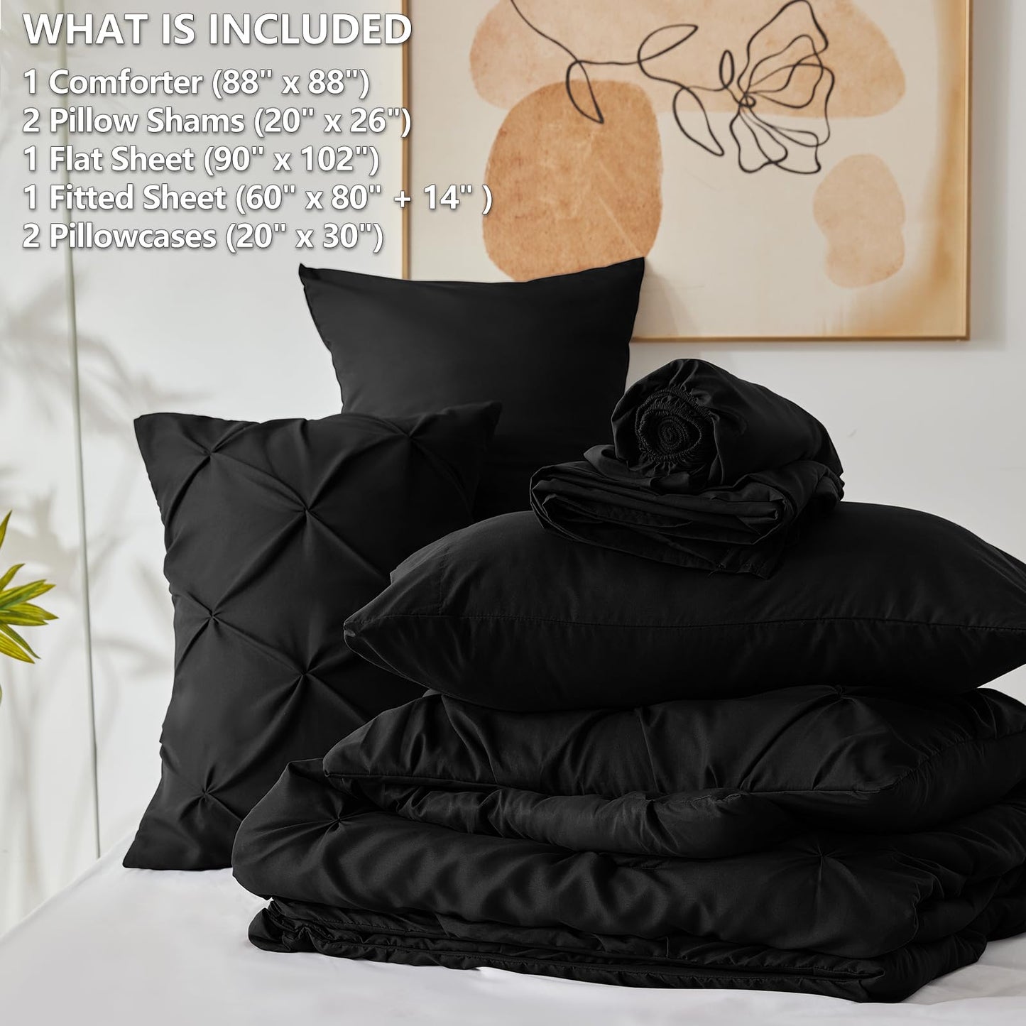 CozyLux Queen Comforter Set Black, 7 Pieces Pintuck Bed in A Bag, All Season Comforter Queen Size, Bed Set Gift for Family, Pinch Pleat Bedding Sets with Comforter, Sheets, Pillowcases & Shams