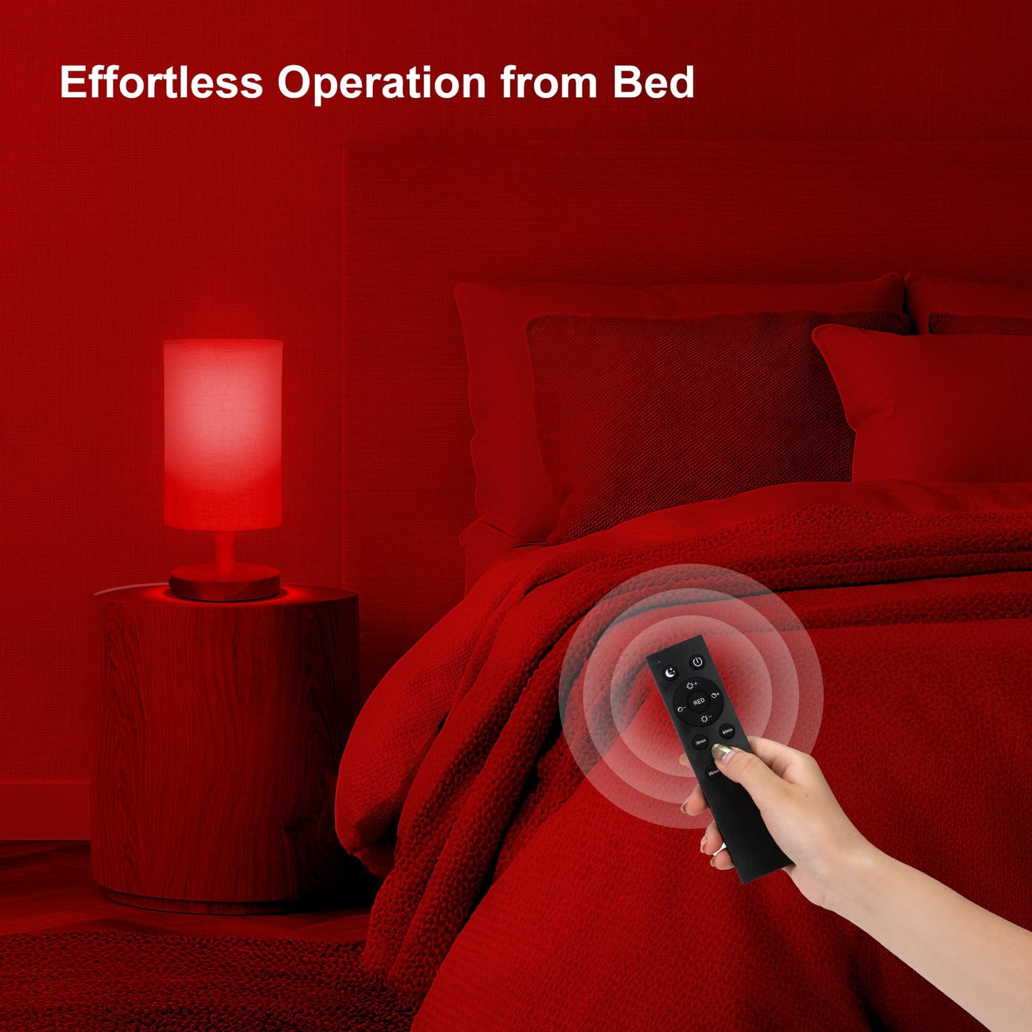 Red Light Lamp for Bedroom, Nightstand Lamp with 670nm Red & 3000-6500K White Light, Remote Control, Timer, Night Light, Dimmable LED Bedside Table Lamp with Memory Function, Wood Base & Fabric Shade