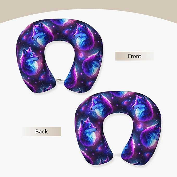 Comfortable Memory Foam Travel Neck Pillow, Funny Chin/Head Cushion Supporting Airplane Car Pillows Purple Universe Galaxy Magic Wolf in The Space Art for Sleeping Outdoors Travel Office