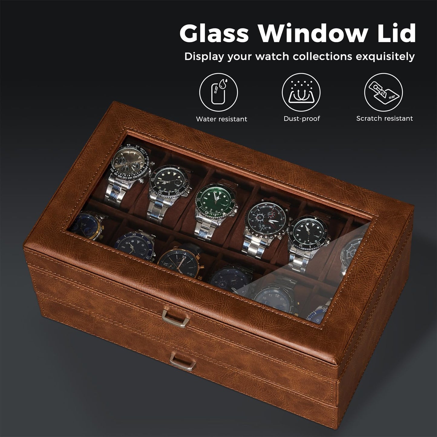 BEWISHOME Watch Box 12-Slot, Watch Case with Large Glass Lid