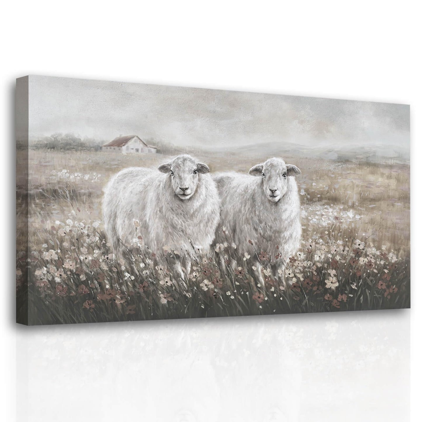 YETHEN WAL Large Sheep Pair Wall Art, Wildflower Field Landscape Canvas Print, Rustic Modern Farmhouse Wall Decor for Living Room Dining Room, Above Sofa, 24x48 Inch