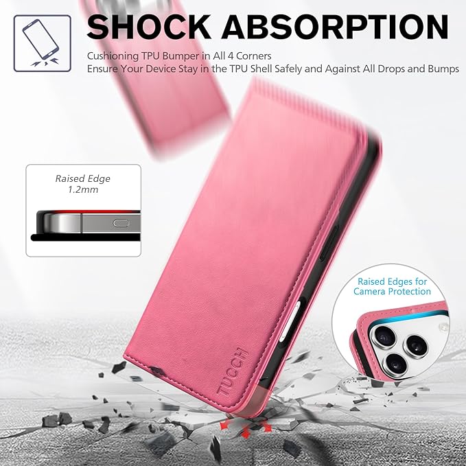 TUCCH Case Wallet for iPhone 17 Pro (6.3-Inch) 2025, [3 Card Slots] Kickstand [RFID Blocking] PU Leather Case, Flip Folio Cover with [TPU Shockproof Interior Shell], Hot Pink