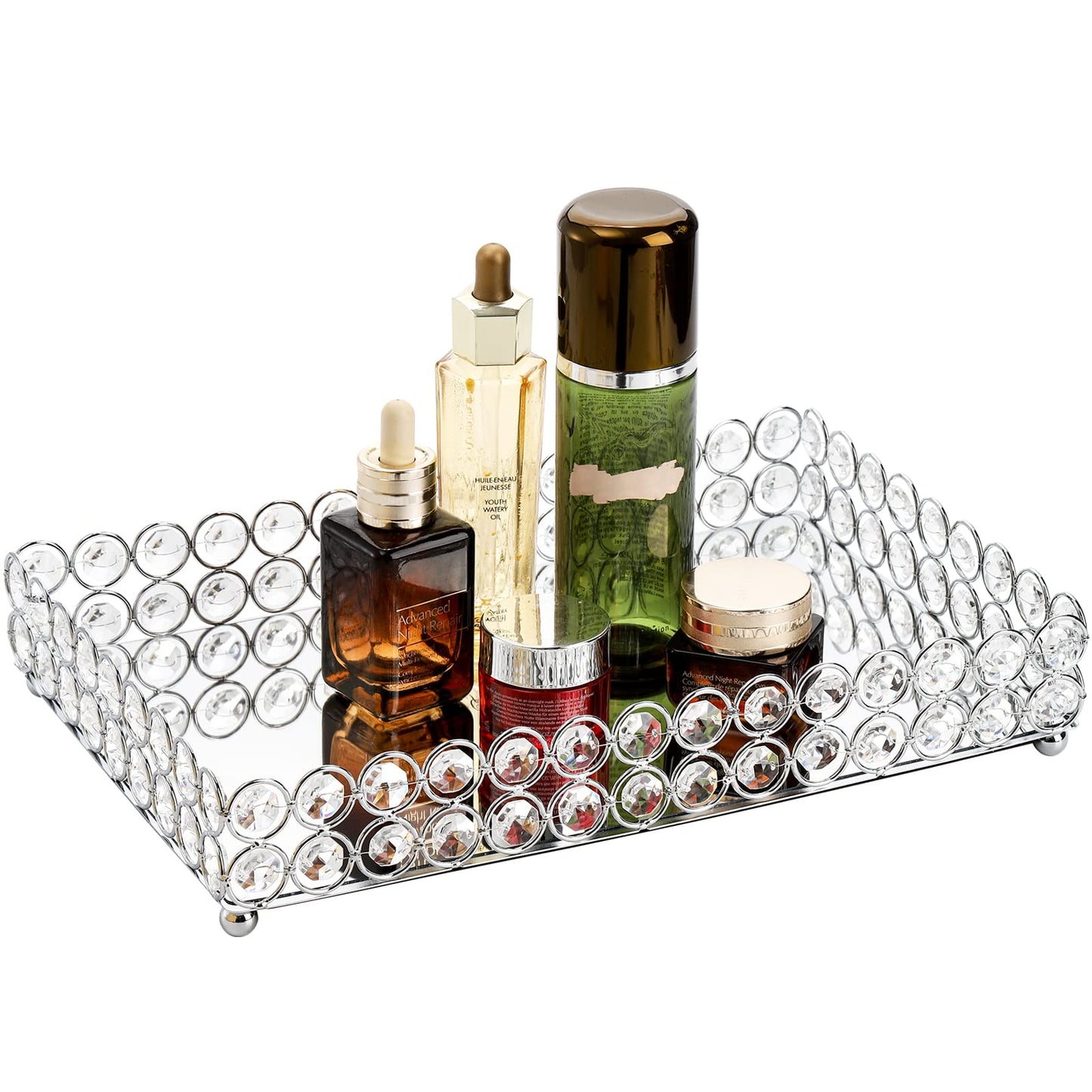 Hedume Crystal Cosmetic Mirrored Makeup Tray, 12.3" x 8", Large Jewelry Organizer, Ornate Decorative Vanity Tray for Dresser, Countertop, Wedding, Home, Bathroom