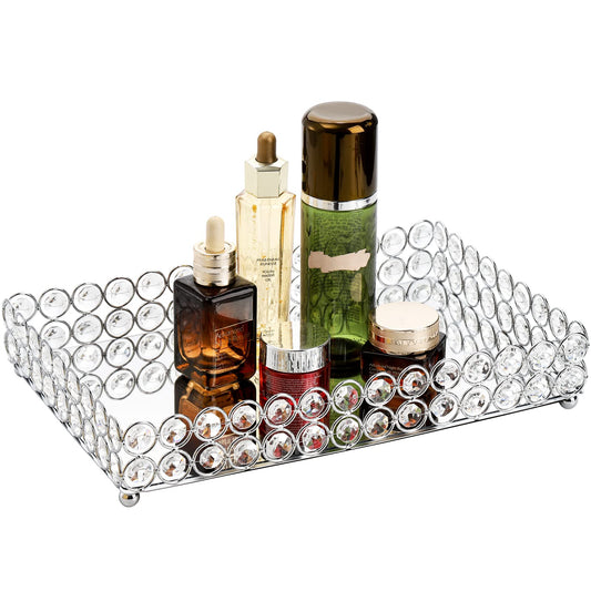 Hedume Crystal Cosmetic Mirrored Makeup Tray, 12.3" x 8", Large Jewelry Organizer, Ornate Decorative Vanity Tray for Dresser, Countertop, Wedding, Home, Bathroom
