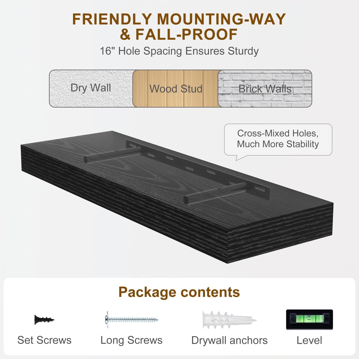 Fun Memories Floating Shelves for Wall, 20Inch Floating Shelves Set of 2, Hanging Shelf with Invisible Brackets, Wood Shelves for Living Room, Bedroom, Kitchen, Black