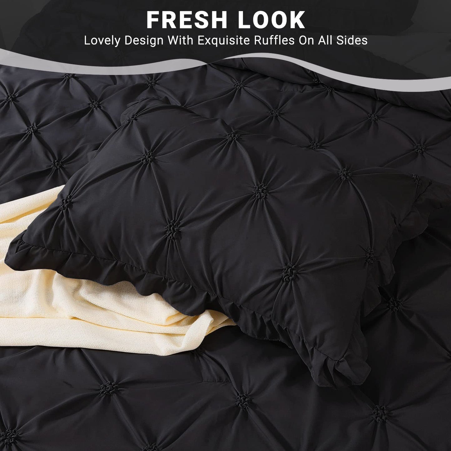 JOLLYVOGUE Queen Comforter Set 7 Pieces, Black/Gray Bedding Comforter Sets with Comforter, Sheets,Ruffled Shams & Pillowcases