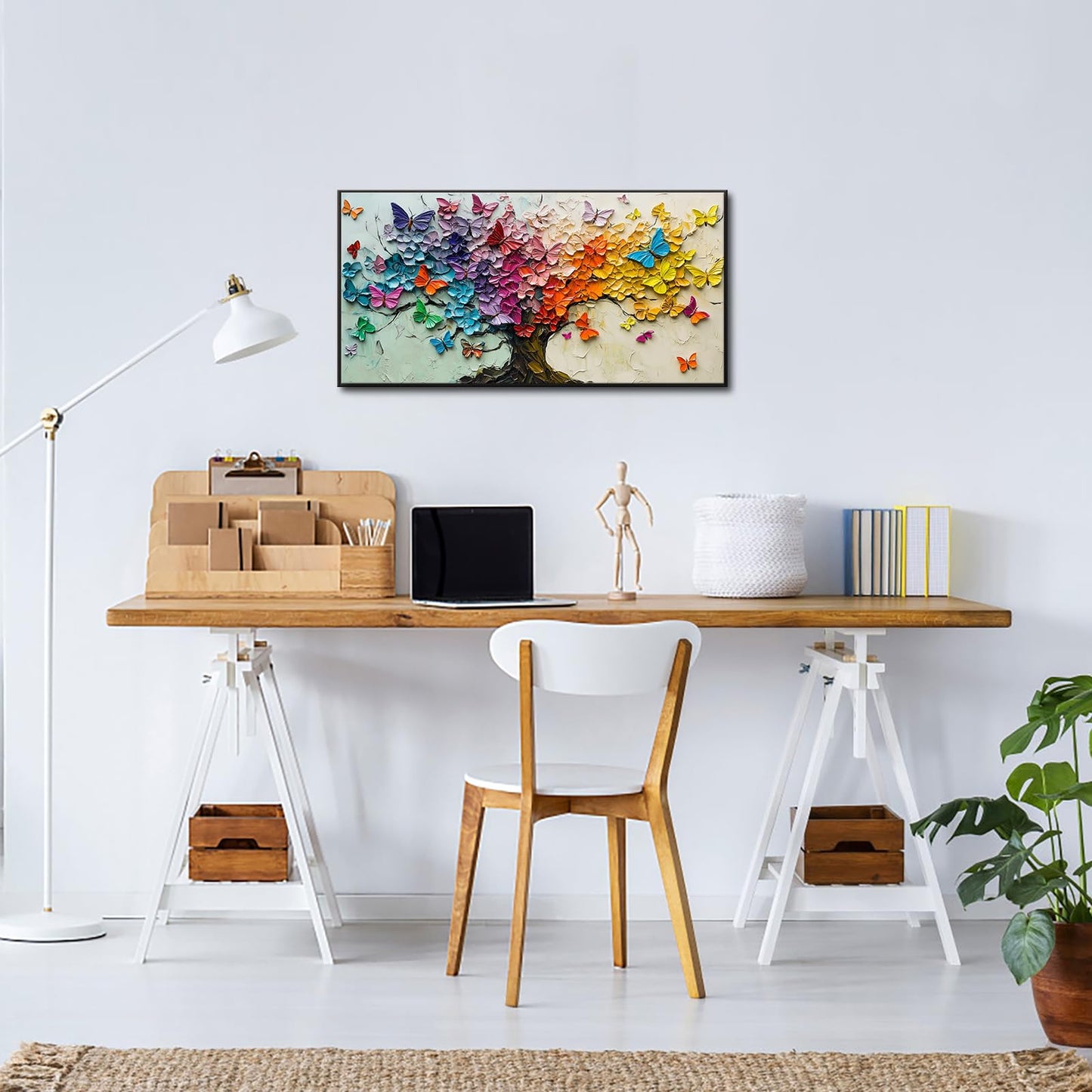 iKNOW FOTO Colorful Butterfly Tree Canvas Print with Black Floater Frame Rainbow Abstract Wall Art for Living Room Bedroom Office Ready to Hang 20x40''