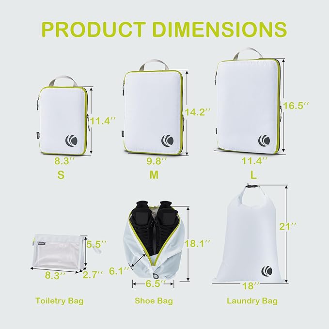 Cipway Compression Packing Cubes, Lightweight Travel Luggage Organizers with Shoe Bag, Toiletry Bag & Laundry Bag, Travel Essentials for Carry on Suitcase (8 Piece,White)