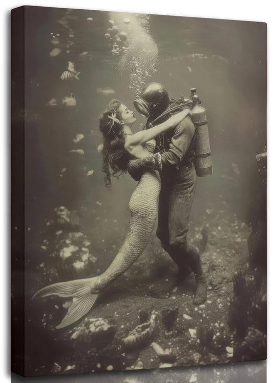 Vintage Diver Mermaid Canvas Wall Art,Funny Romantic Painting Picture Wall Decor,Whimsical Surrealism Poster Print Artwork for Bathroom Bedroom Living Room Home Decoration 12x16in