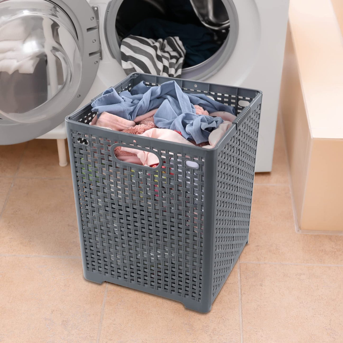 Rinboat 40 L Plastic Collapsible Laundry Hamper, Plastic Dirty Clothes Basket, Gray, Pack of 2