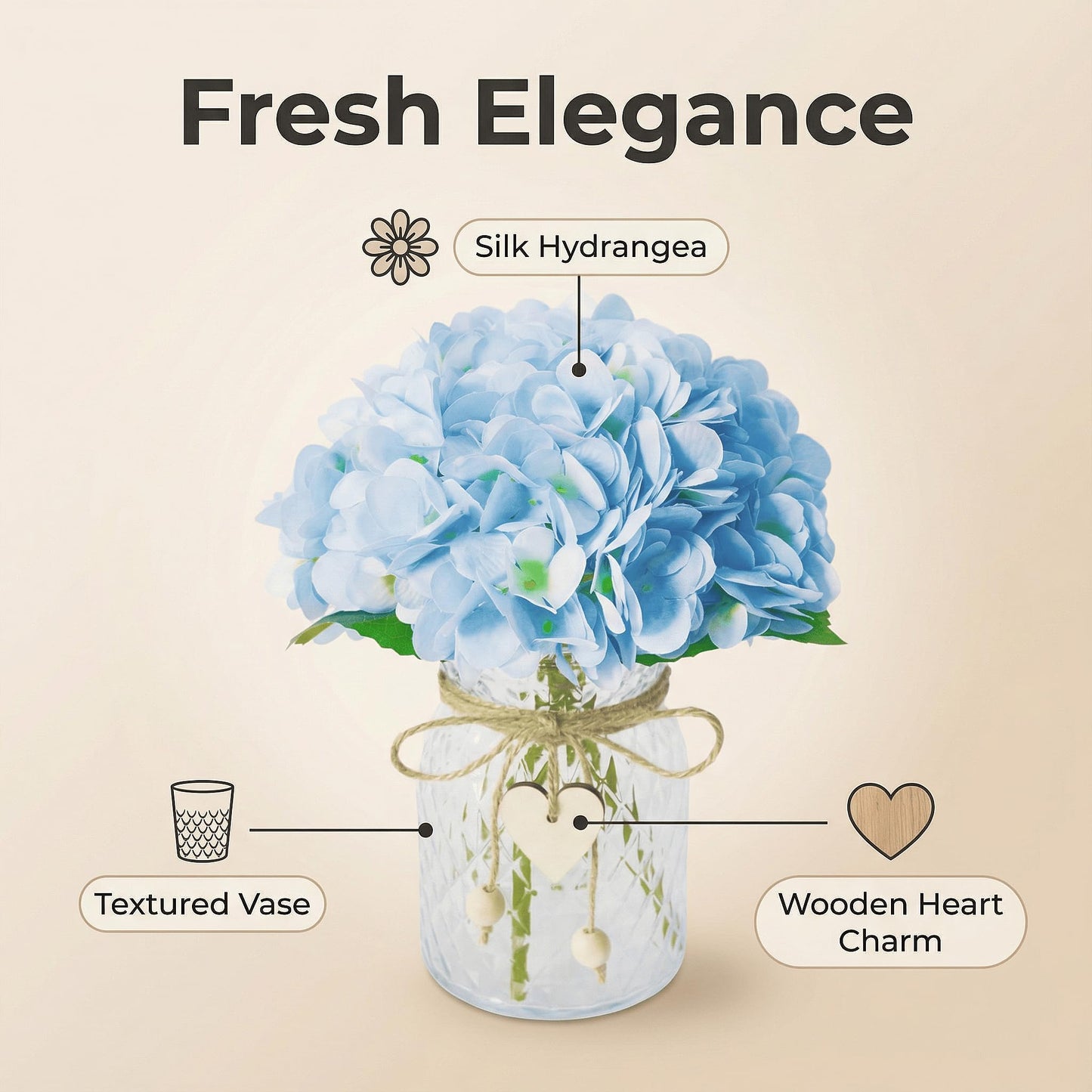 Piklado Hydrangea Artificial Flowers in Vase Silk Fake Flowers with Glass Vase Bohemian & Ins Style Faux Hydrangea with Glass Bottle Set for Home Office Bathroom Decoration (Blue)
