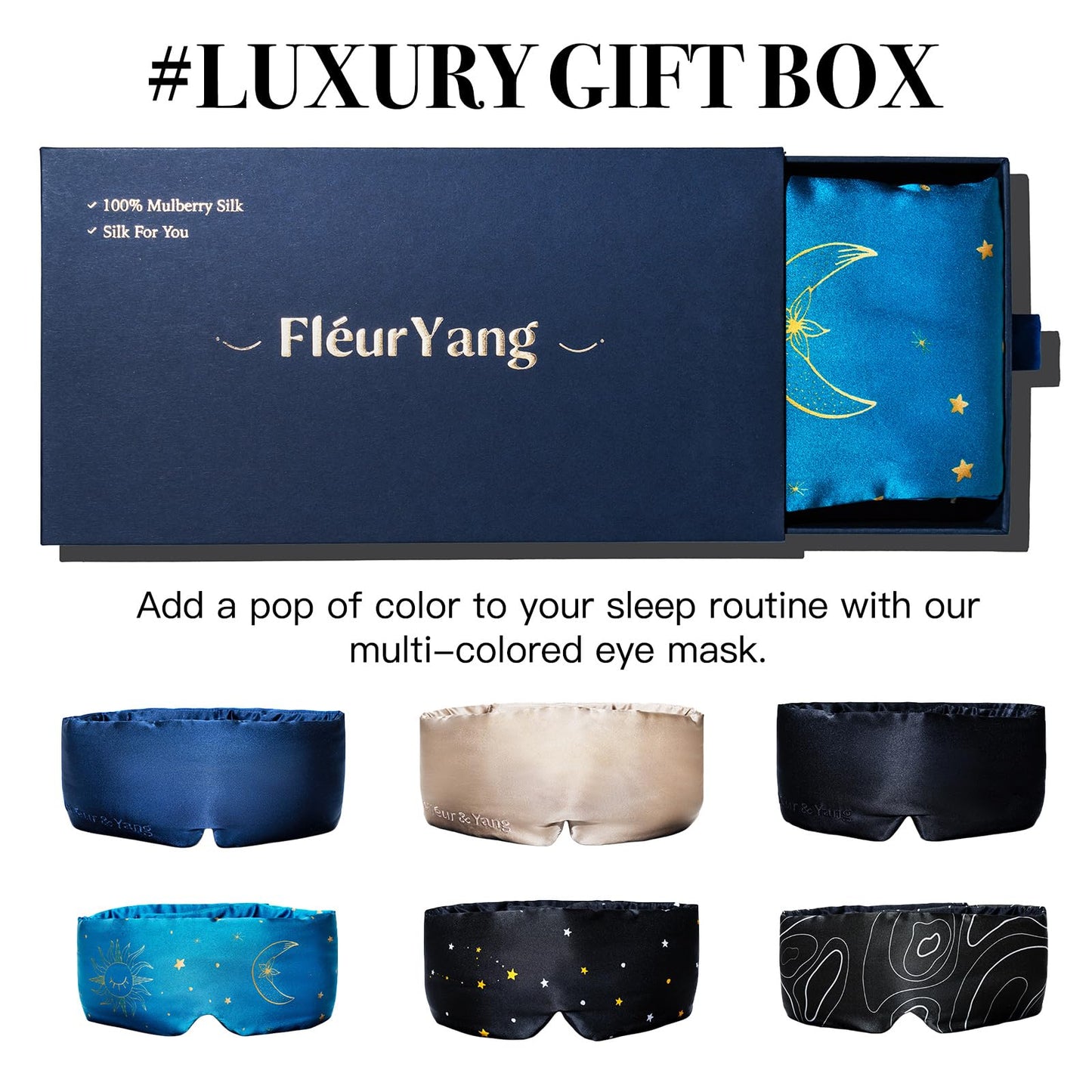 Fleur&Yang Silk Sleep Mask, Adjustable Blackout Sleeping Mask for Men Women, Soft Breathable 100% Mulberry Silk Fabric, Cooling Eye Cover Blindfold for DeepSleep or Meditation(Luna)