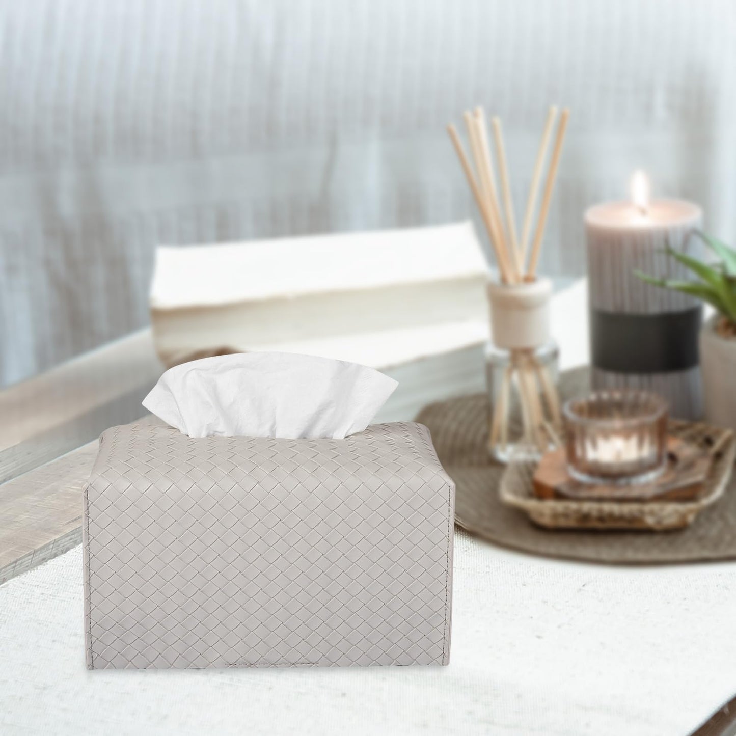 Tissue Box Cover PU Leather Tissue Holder Square Facial Tissue Case Facial Paper Organizer Dispenser for Bathroom, Vanity Countertop, Tabletop, Car, Rectangle, Misty Gray