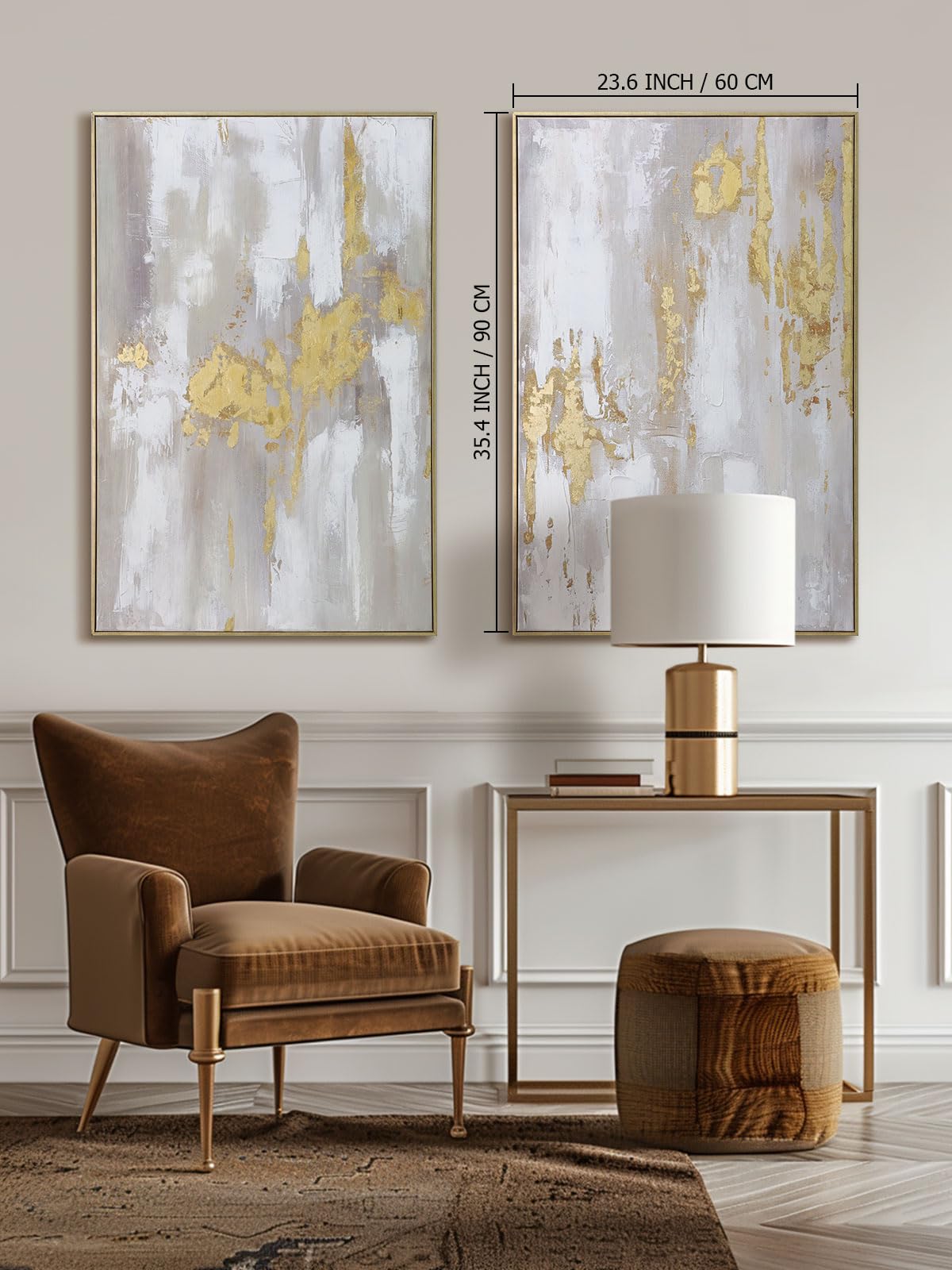 Modern Gold and Neutral Abstract Wall Art - 24x36 inch x 2, Framed Canvas Artworks - Contemporary Décor for living room，bedroom