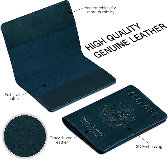 BIAOTIE Premium Leather Passport Holder Covers, Rfid Travel Wallet Passport Document Holder, Travel Essentials Wallet Cover Case for Men and Women (Blue)