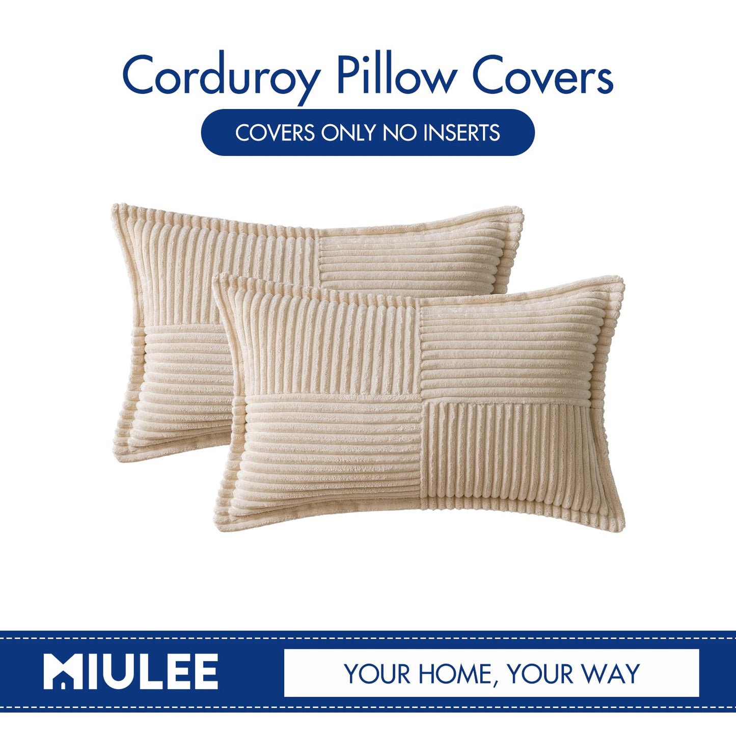 MIULEE Pack of 2 Decorative Corduroy Boho Striped Pillow Covers Beige Bundle Set of 2 Pillow Inserts 12x20