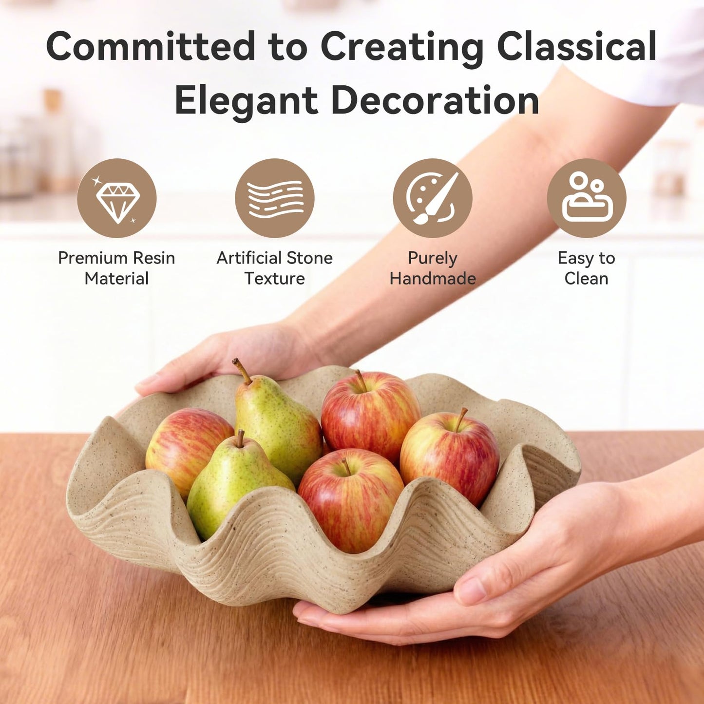KEWOOL Scalloped Decorative Bowl Home Decor - 12.6" Modern Handicraft Large Shell Ruffle Decorative Fruit Bowl for Kitchen Counter, Chic Key Tray for Entryway Table, Artificial Stone Beige