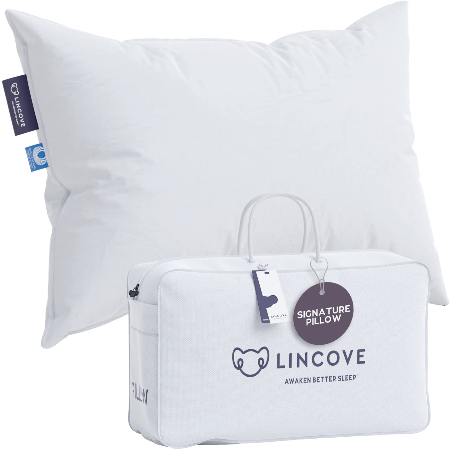Lincove Signature 100% Natural Canadian White Down Luxury Sleeping Pillow - 800 Fill Power, 500 Thread Count Cotton Shell, Made in Canada, Standard - Medium, 1 Pack