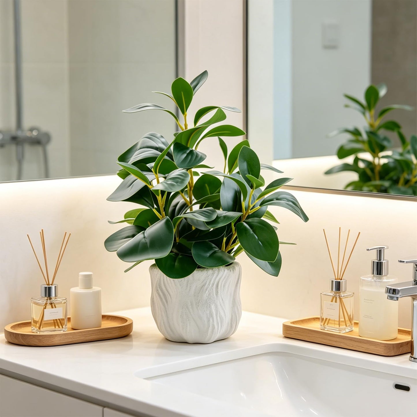 14" Artificial Potted Plant with Thick Leaves in White Textured Pot